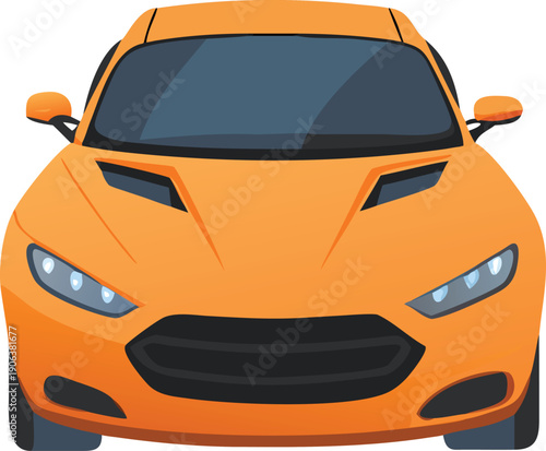 A vibrant orange sports car is shown from a directly frontal perspective