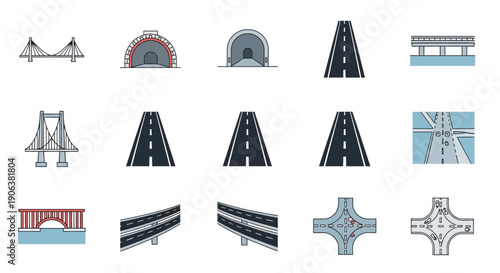 Collection of illustrations showcasing various road and bridge designs from different viewpoints