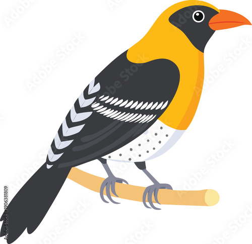 A colorful cartoon illustration depicts a black naped blue monarch bird perched