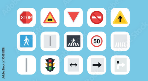 A collection of various traffic signs and symbols displayed on a light blue background, viewed directly from above in a grid layout