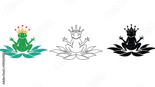 Three stylized frogs wearing crowns sit on lily pads.