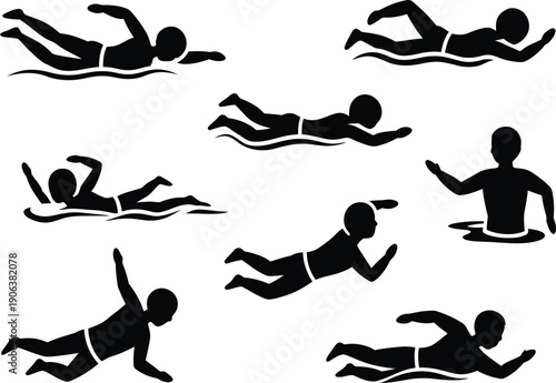 Illustration of black silhouettes of people swimming in various styles