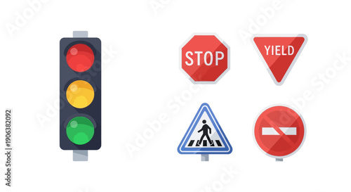 Traffic signs and signals displayed on a white background for road safety and navigation purposes from a straightforward viewpoint