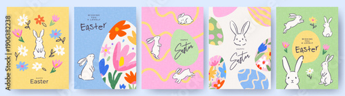 Happy Easter set of greeting cards, posters, holiday covers. Trendy design templates with typography, hand drawn Easter eggs and Easter bunny, spring flowers, polka dots and stripes in pastel colors.