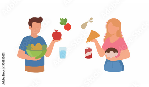 Nutrition choice healthy vs junk food people vector set