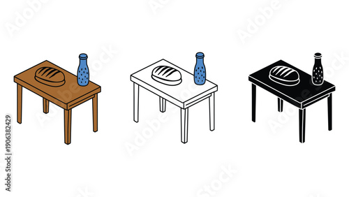 A table with bread and a bottle is shown in three styles.