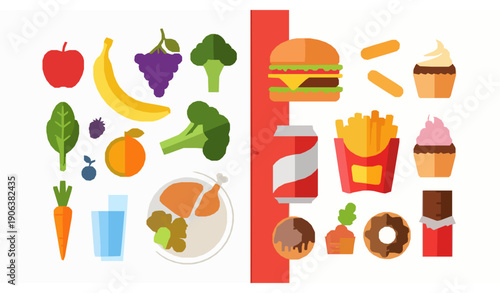 Healthy vs unhealthy food comparison flat vector illustration