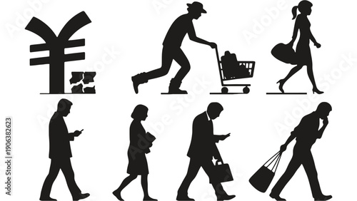 Yen currency symbol with people walking in various business attire silhouettes
