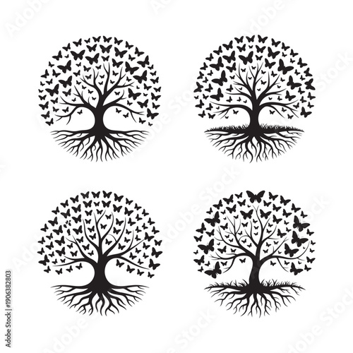 Tree of Life Silhouette Set with Flying Butterflies and Roots