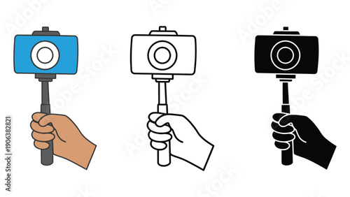 Camera vector icons of hands holding selfie sticks with devices