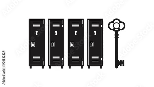 Locker silhouette icons with large old key on white background