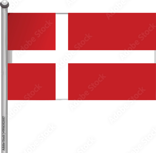 A realistic depiction of the danish flag waving on a metallic flagpole