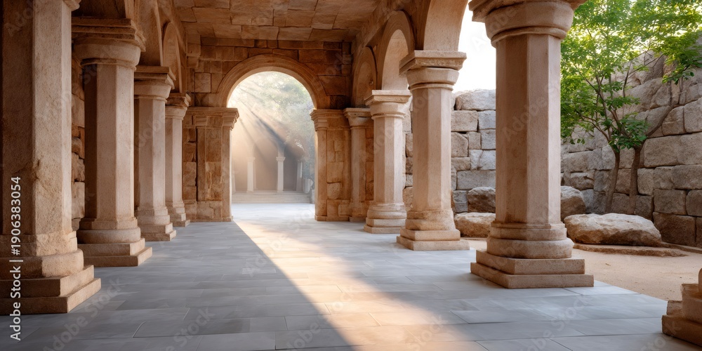 Obraz premium Ancient stone corridor with sunlight through archway