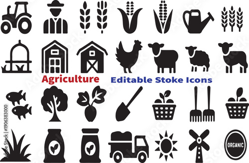 Comprehensive agriculture and farming icons set with crops, animals, and tools