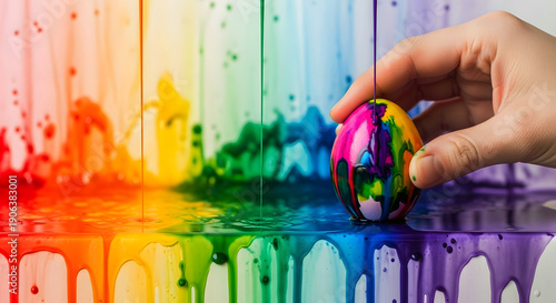 Person Holding Easter Egg with Multicolored Paint Dripping in Front of Rainbow Background