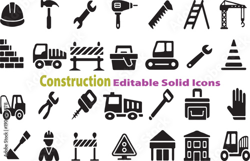 Set of construction editable solid icons for building and industrial projects