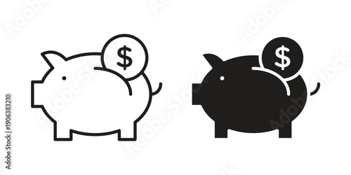 Piggy bank icons vector. Line and glyph design with editable stroke