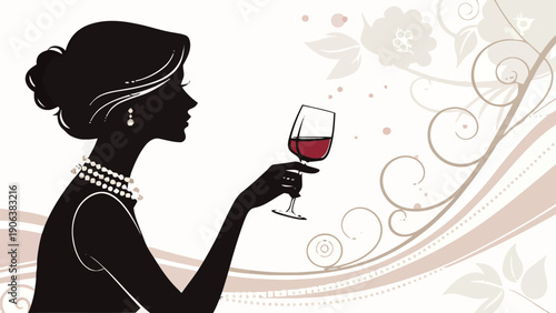 Elegant woman in black silhouette holding wine glass with red liquid pearl necklace and earrings against floral decorative background