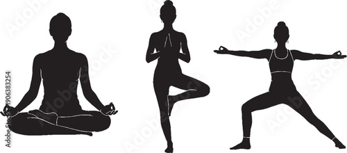 Three distinct female yoga poses are presented as solid black silhouettes against a white background for fitness graphics.