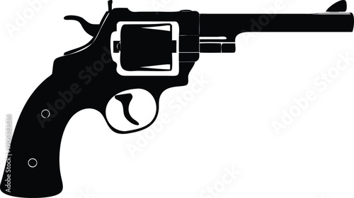 A stark black silhouette depicts a revolver symbolizing potential danger and power