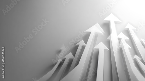 Ascending arrows emerge from shadows towards bright light, symbolizing growth, direction and success