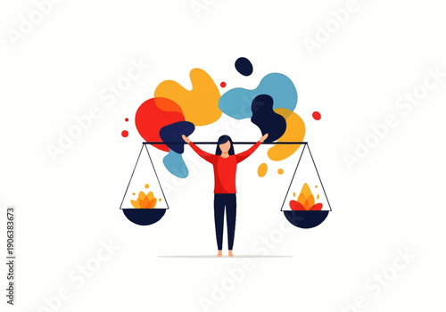 Vector flat design illustration of a person balancing scales with fire on both sides amidst colorful abstract shapes.