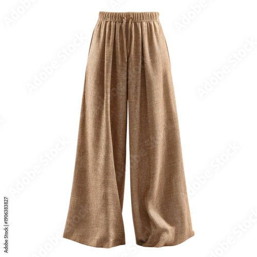 A stylish pair of beige wide-leg pants on transparent background