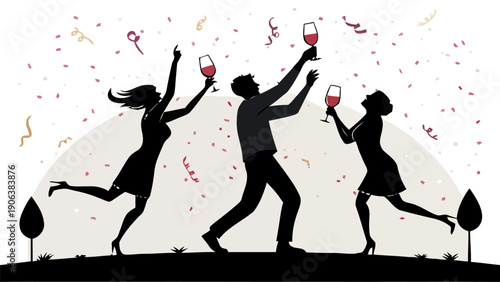 People celebrating with wine glasses at a party in silhouette against a colorful confetti background