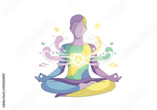 Vector flat design illustration of a meditating person in lotus position with colorful aura and chakras on a white background.