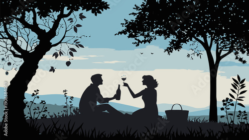 Romantic wine picnic silhouette of couple toasting with wine glasses in scenic landscape with trees
