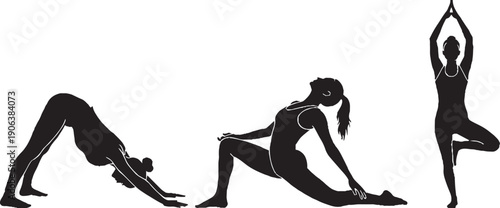Black vector illustration of a woman in a bikini performing a yoga pose with Japanese kanji calligraphy art and fitness silhouettes of people dancing