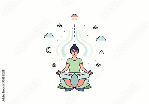Vector flat design illustration of a serene person meditating in a lotus position with celestial elements and a peaceful atmosphere.