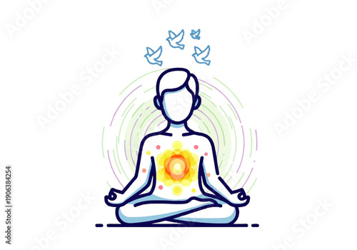 Vector flat design illustration of a meditating person in lotus position with a glowing yellow and orange chakra surrounded by colorful lines and birds in a peaceful atmosphere.
