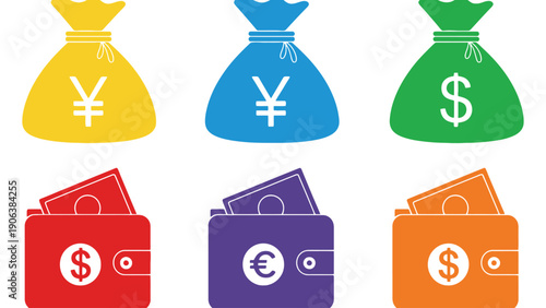 Money bag and wallet icons with different currency symbols