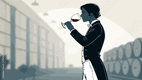 Wine sommelier tasting red wine in cellar with barrels