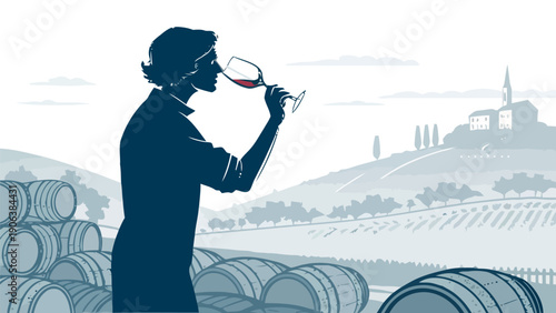 Person smelling wine glass in vineyard with barrel background wine tasting concept with silhouette