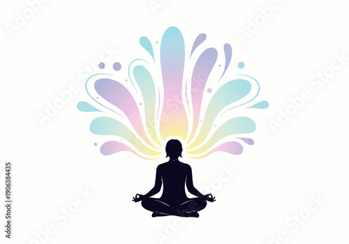 Vector flat design illustration of a person meditating in lotus position with colorful abstract splash behind on white background.