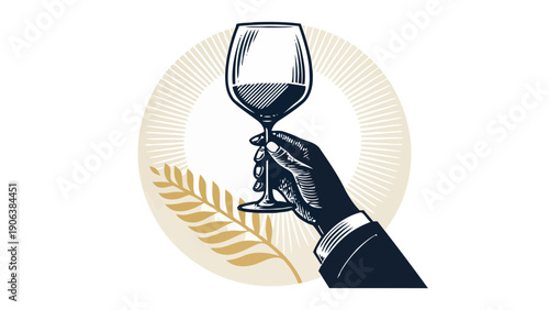 Hand holding wine glass silhouette vector with golden leaf and sunburst background