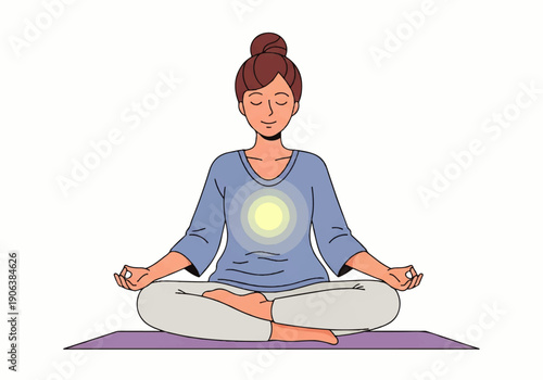 Vector flat design illustration of a serene woman meditating in lotus position on a purple mat with a bright yellow aura, exuding calmness and tranquility against a clean white background.