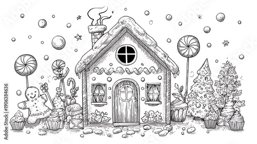 Charming line art of a gingerbread house and festive sweets, a wintery Christmas scene
