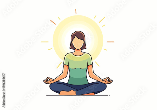 A serene Vector Flat Design Ilustration of a woman meditating in lotus position with a radiant sun behind her, exuding calmness and peacefulness.