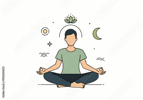 Vector flat design illustration of a man meditating in lotus position with celestial symbols and a lotus flower above his head on a white background.