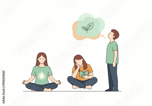 Vector flat design illustration of a man thinking about a leaf while standing near two women meditating in a serene setting against a clean white background with a calming mood.