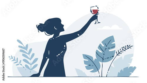 Woman in silhouette holding wine glass up in a celebratory toast with plants and sunset background