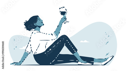 Woman relaxing with wine glass in hand enjoying leisure time in a serene setting with a stylish silhouette vector