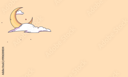 Illustration vector graphic of a cute crescent moon resting on a cloud with pastel background. Perfect for Ramadan greetings, baby shower cards, and night-themed designs.
