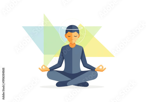 A serene Vector Flat Design Ilustration of a meditating person in a lotus position with a calm and peaceful mood against a geometric background.