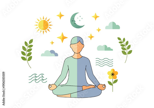 Vector flat design illustration of a person meditating in lotus position with celestial and natural elements around them.