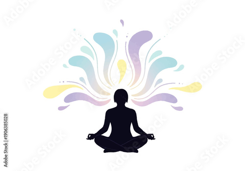 Vector flat design illustration of a person meditating in lotus position with colorful abstract splashes behind on white background.