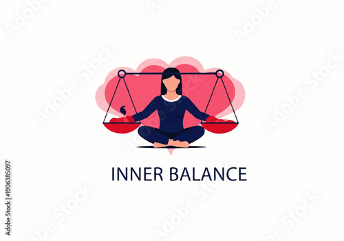 Vector flat design illustration of a serene person meditating in lotus position with scales in a balanced state against a pink background.